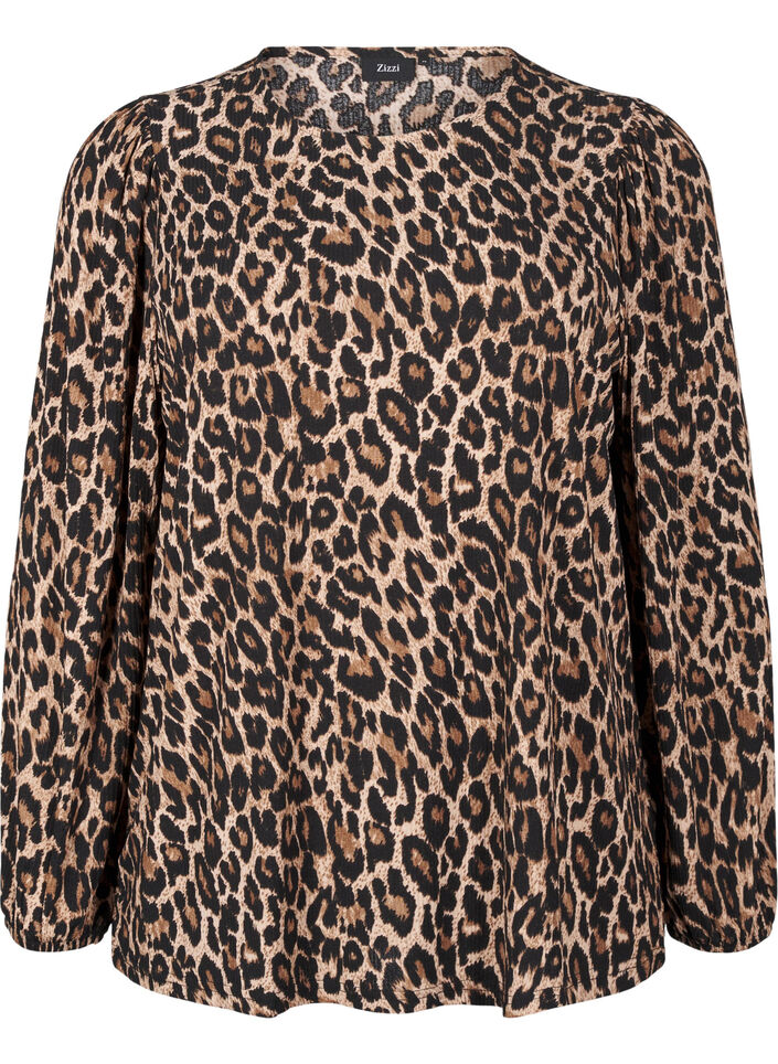 Bluse med lange ermer og leopardmønster, Brun, Packshot image number 0