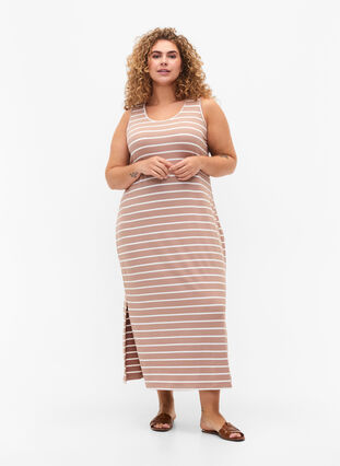 Ermeløs kjole i ribbestrikket viskose, Natural W. Stripe, Model image number 2