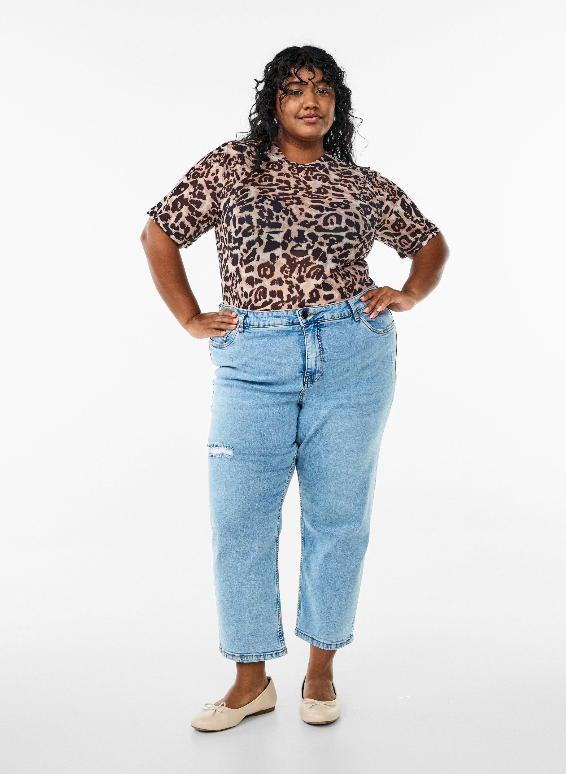 Zizzi Bluse i mesh med korte ermer, Brun, Model image number 1