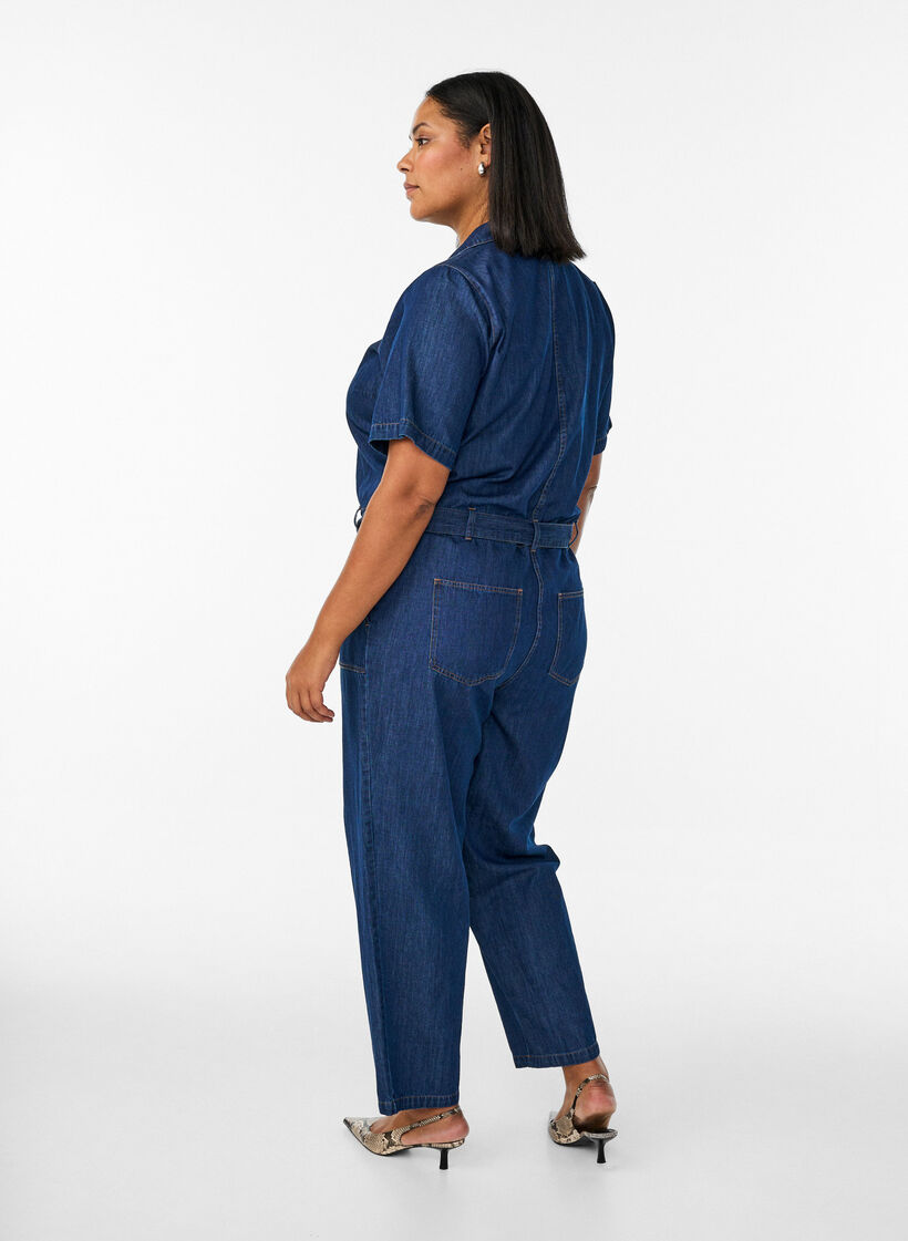 Denim jumpsuit med korte ermer og knytebelte, Bl&aring;, Model image number 1