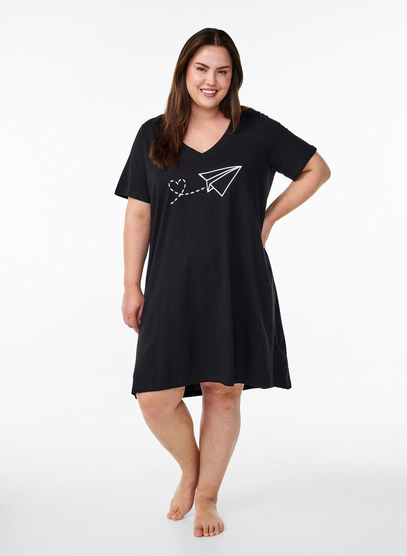 Nattkjole i &oslash;kologisk bomull med V-hals, , Model image number 1