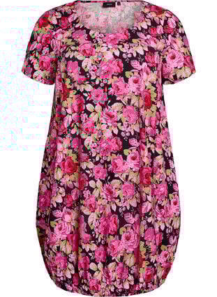 Zizzi Kortermet bomullskjole med trykt mønster, Svart, Packshot image number 0