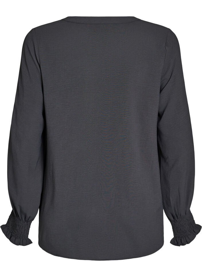 Bluse med smockmansjetter og V-hals, Gr&aring;, Packshot image number 1