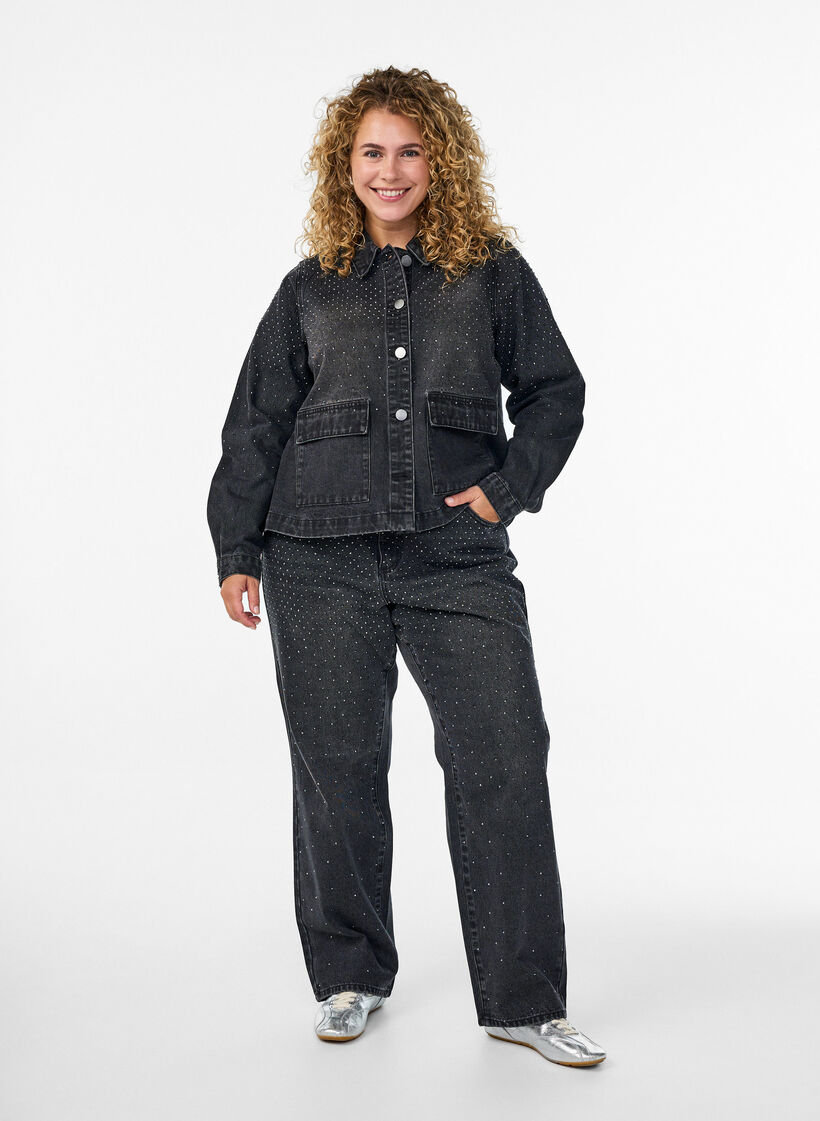 Denimjakke med rhinesteiner og store frontlommer, Grey Denim, Model