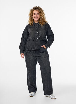 Zizzi Denimjakke med rhinesteiner og store frontlommer, Grey Denim, Model image number 2