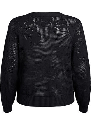 Zizzi Strikket cardigan med åpenstrikket mønster og knytesnorer, Black, Packshot image number 1