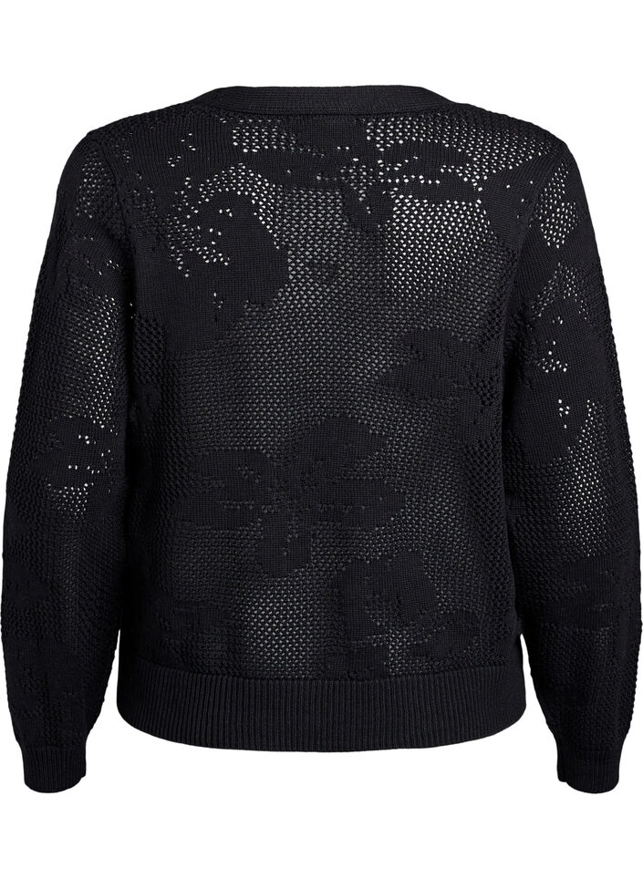 Strikket cardigan med åpenstrikket mønster og knytesnorer, Black, Packshot image number 1