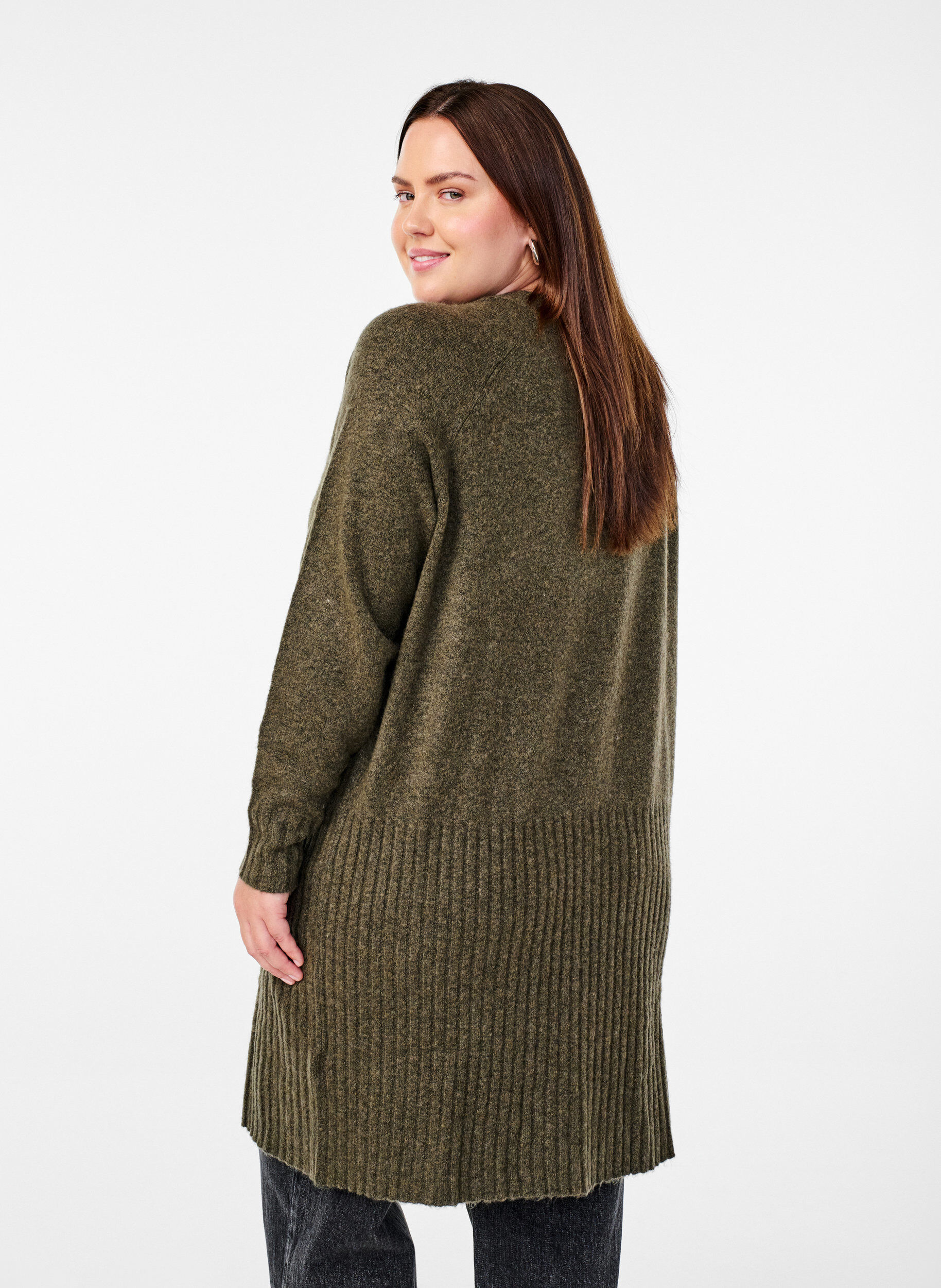 Zizzi Lang cardigan med lommer, Sea Turtle Mel., Model image number 1