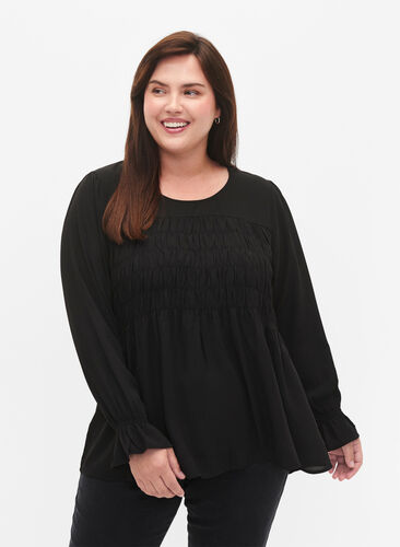 Langermet smockbluse, Black, Model image number 0