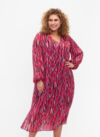 Langarmet midi kjole med trykk, Fuchsia Pink AOP, Model