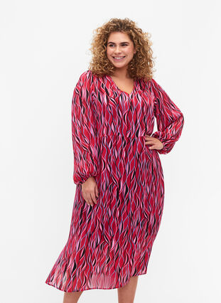 Langermet midi kjole med print, Fuchsia Pink AOP, Model image number 0