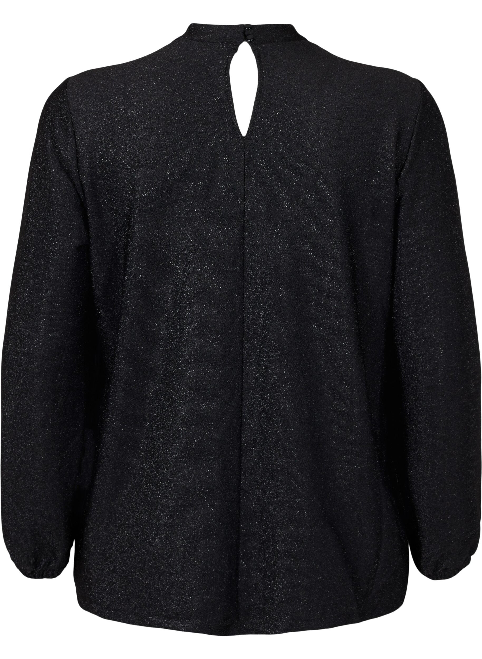 Zizzi Langermet bluse med glitter, rund hals og V-detalj, Black Black, Packshot image number 1