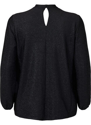 Langermet bluse med glitter, rund hals og V-detalj, Black Black, Packshot image number 1