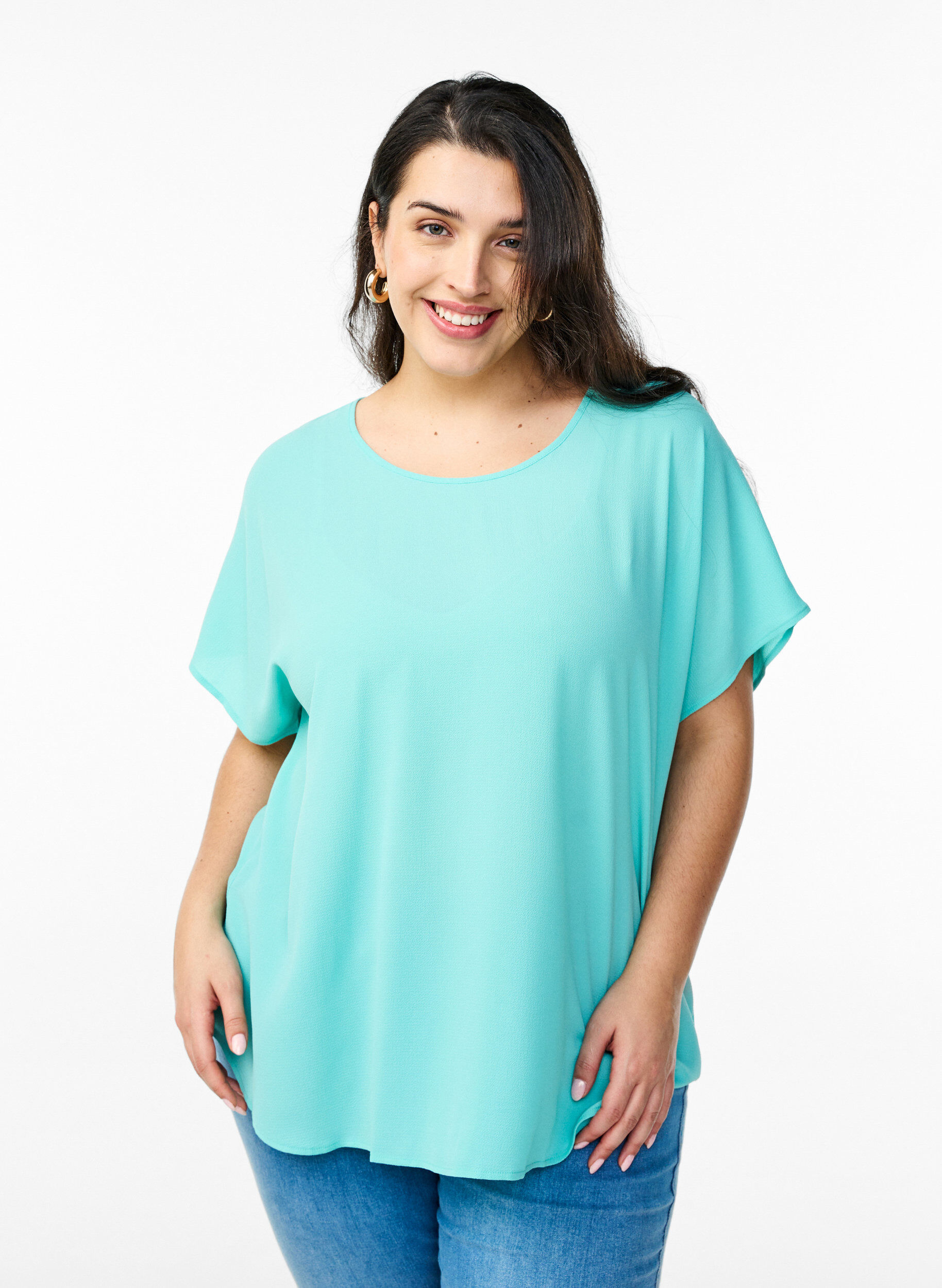 ZizziBluse med korte ermer og rund hals, Bl&aring;, Model image number 0