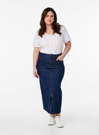 FLASH - Midiskjørt i denim med splitt foran, Blå FLASH - Midiskjørt i denim med splitt foran, Blå, Model