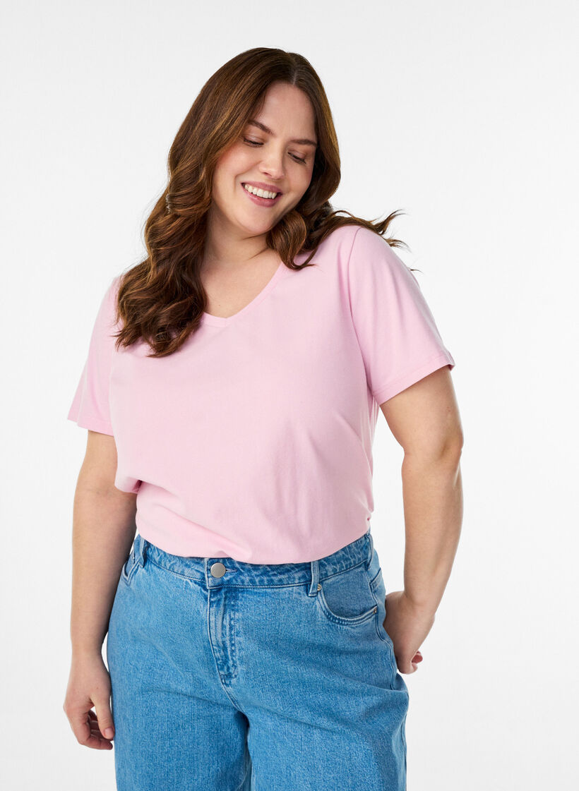 Ensfarget basis t-skjorte i bomull, Rosa, Model image number 0