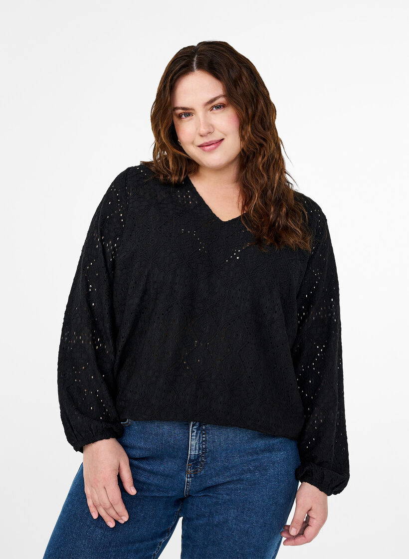 Langermet bluse med V-hals og hullmønster, Black, Model image number 0