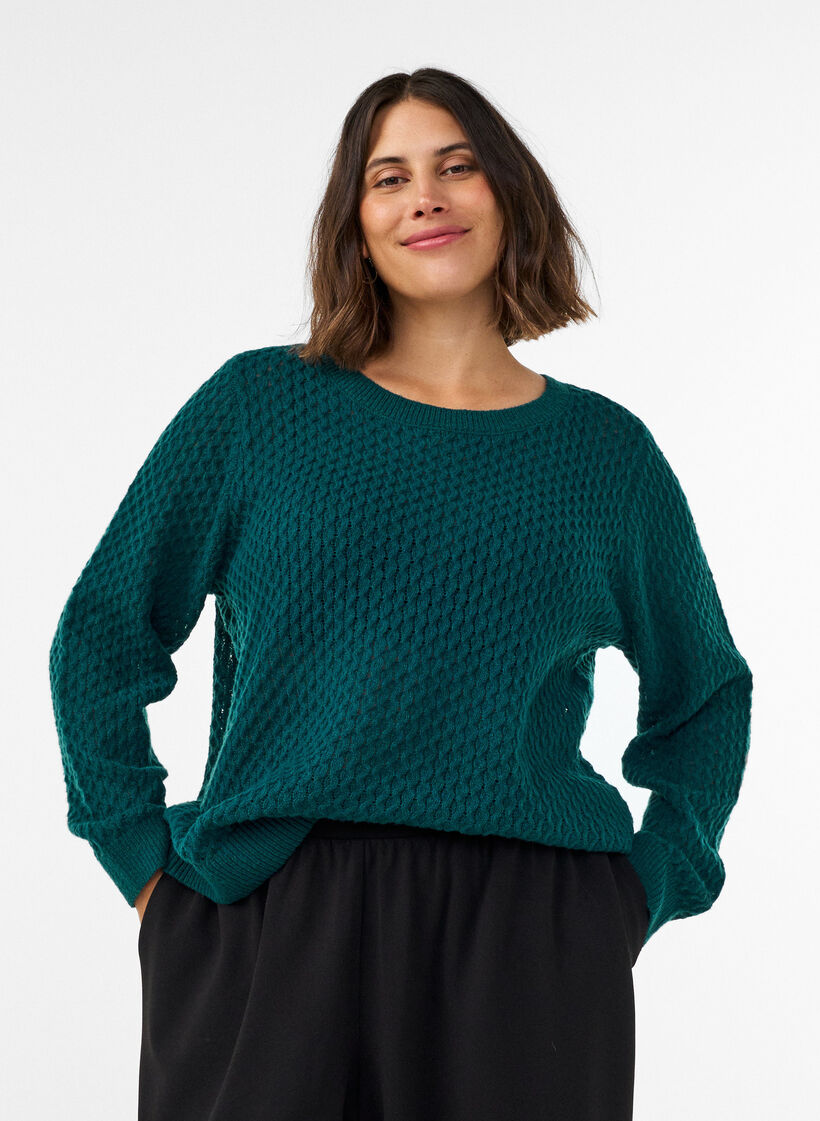 Strikkebluse med strukturert hullm&oslash;nster, Gr&oslash;nn, Model image number 0