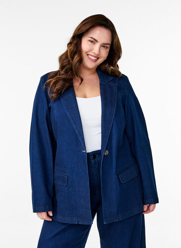 Zizzi Denimblazer med lommer, Blå, Model image number 0