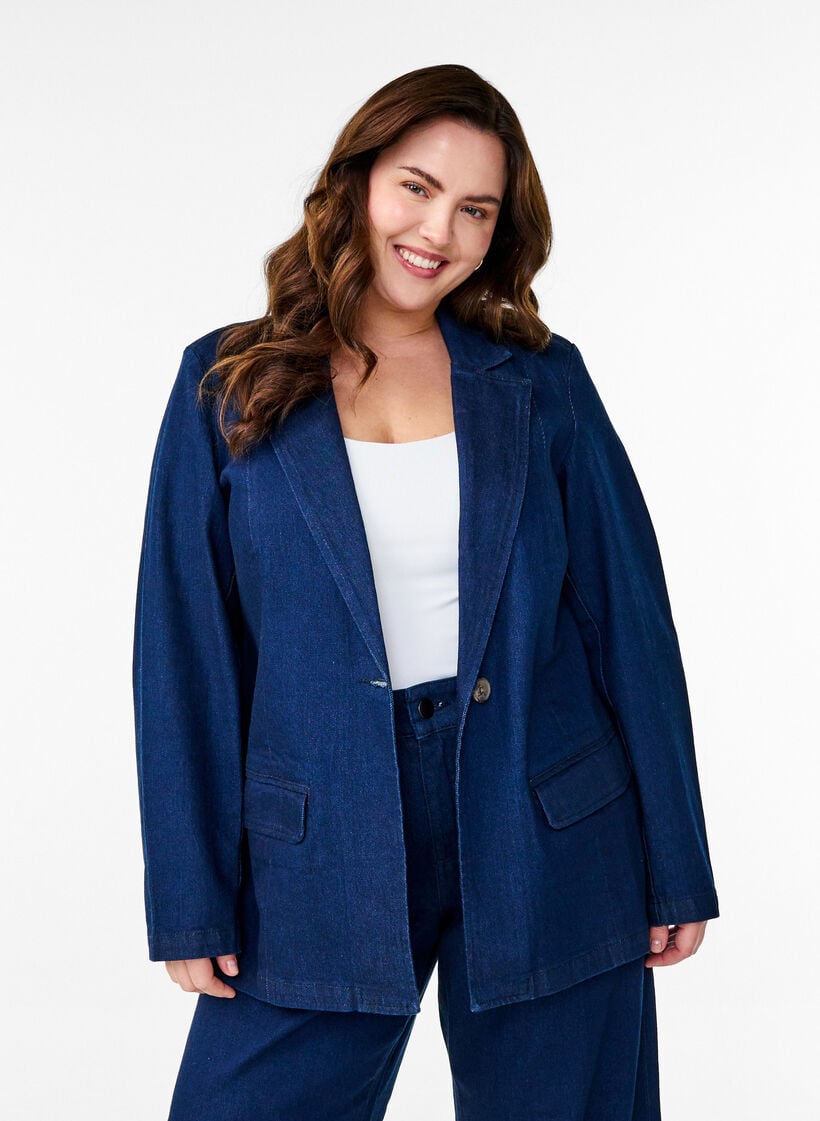 Denimblazer med lommer, Blå, Model image number 0