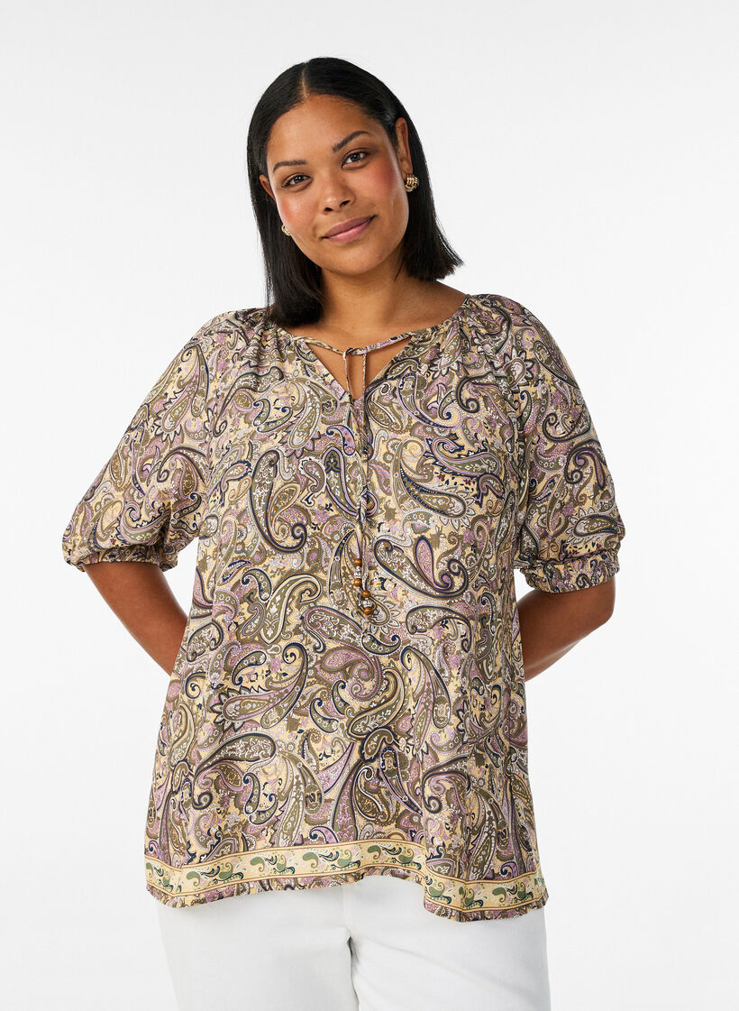 Viskose bluse med paisley-trykk og knytesnor, Gul, Model image number 0