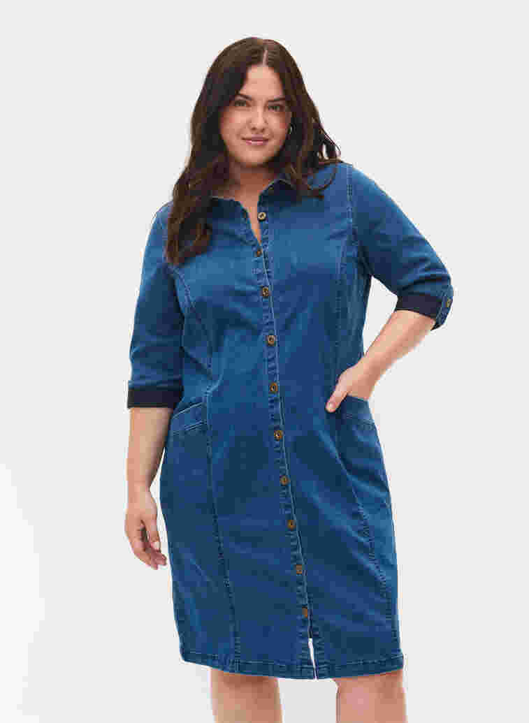 Denim skjortekjole med 3/4 ermer, Blue denim, Model