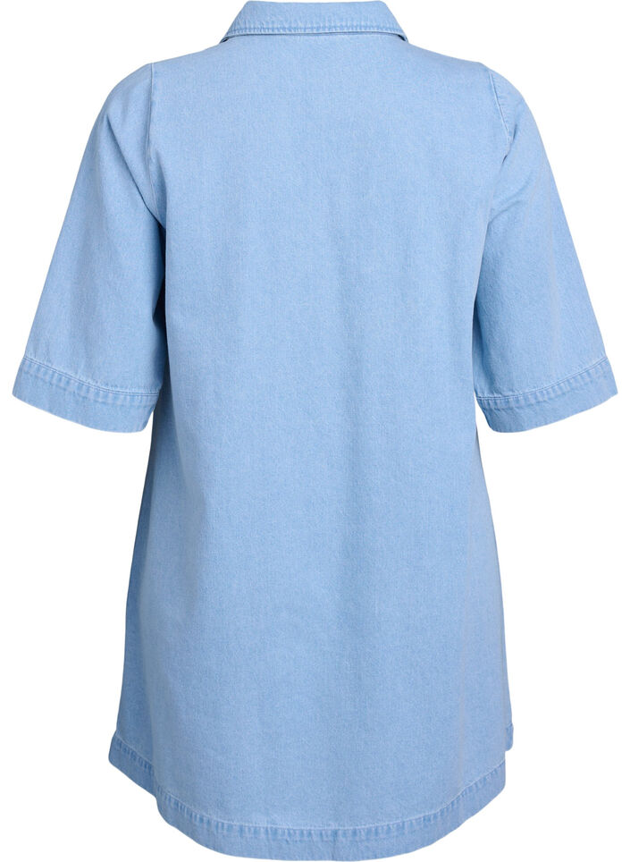 Kort denimkjole med krage og V-hals, Blå, Packshot image number 1