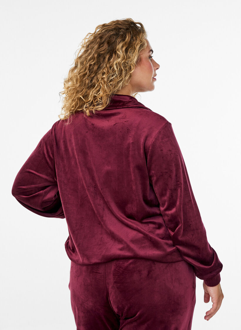 Velour-cardigan med glidelås og høy krage, Mørk Bordeaux, Model image number 2