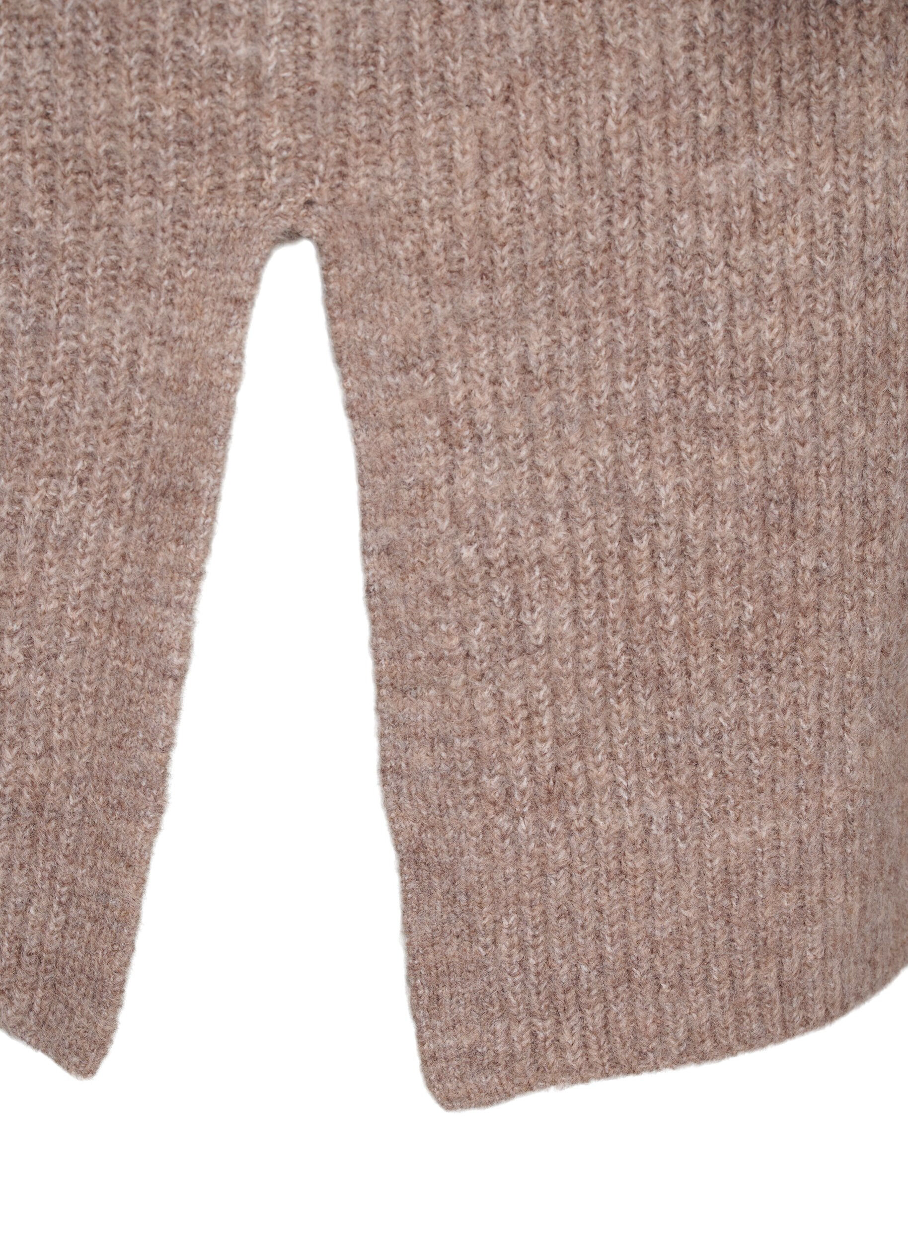 Zizzi FLASH - Ribbestrikket cardigan med splitter, Brown Lentil Melange, Packshot image number 3