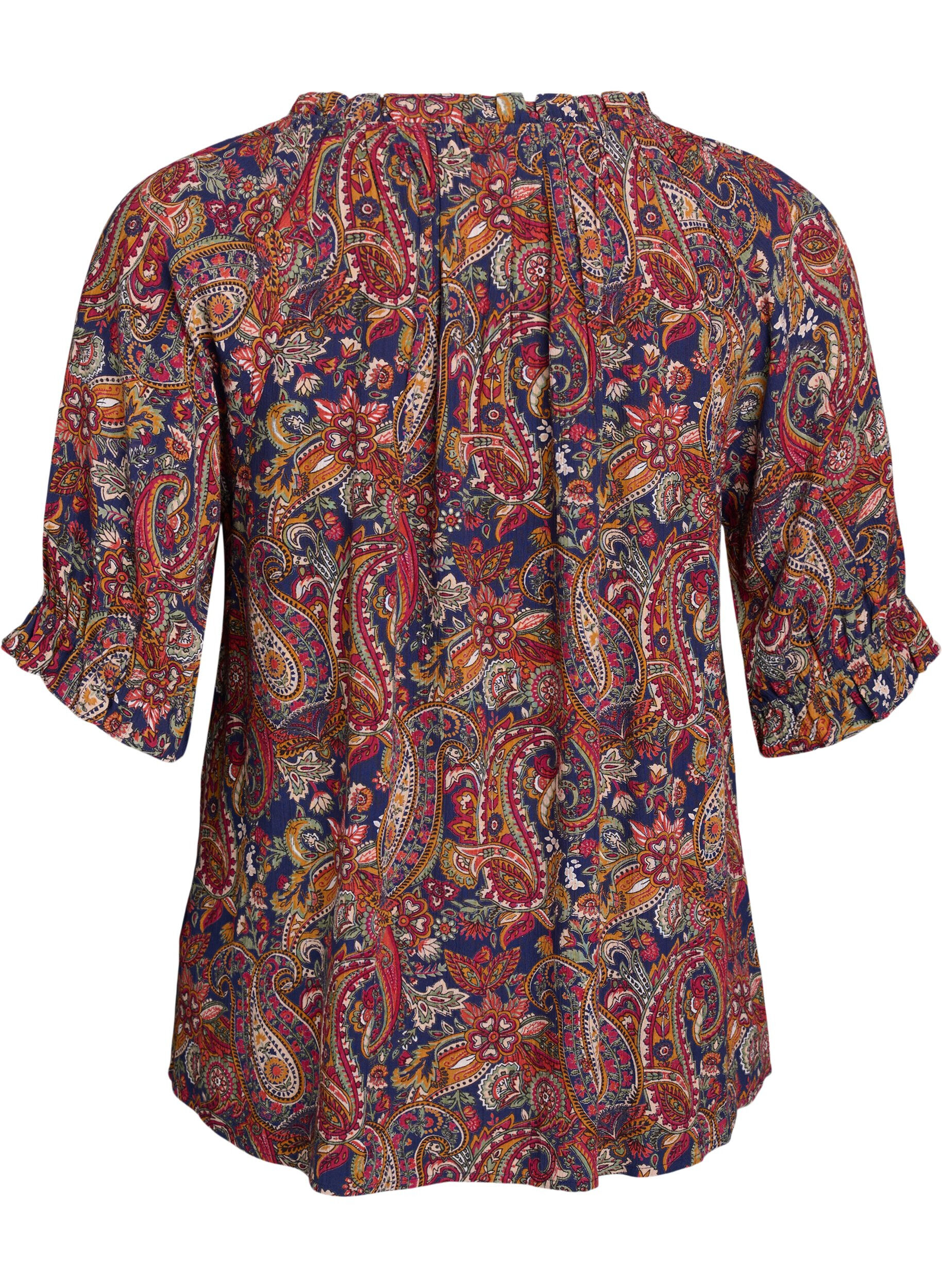 ZizziViskosebluse med paisleym&oslash;nster og albuelange ermer, Bl&aring;, Packshot image number 1