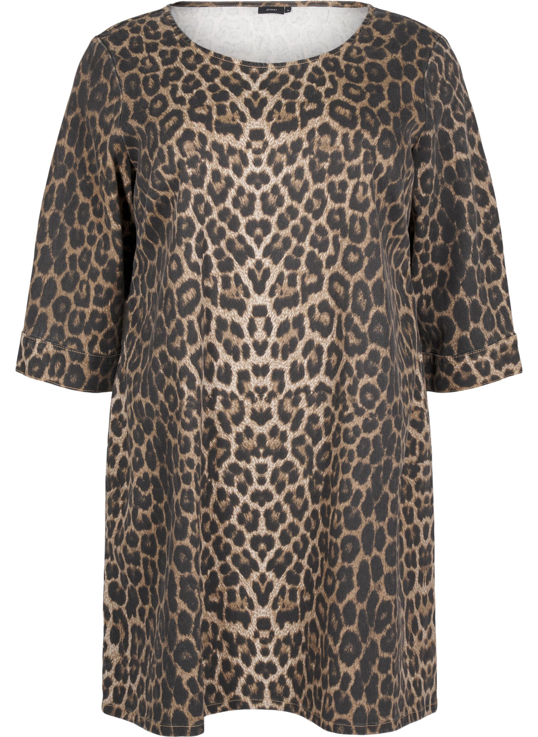 Zizzi Denimkjole med leopardm&oslash;nster, Brun, Packshot image number 0
