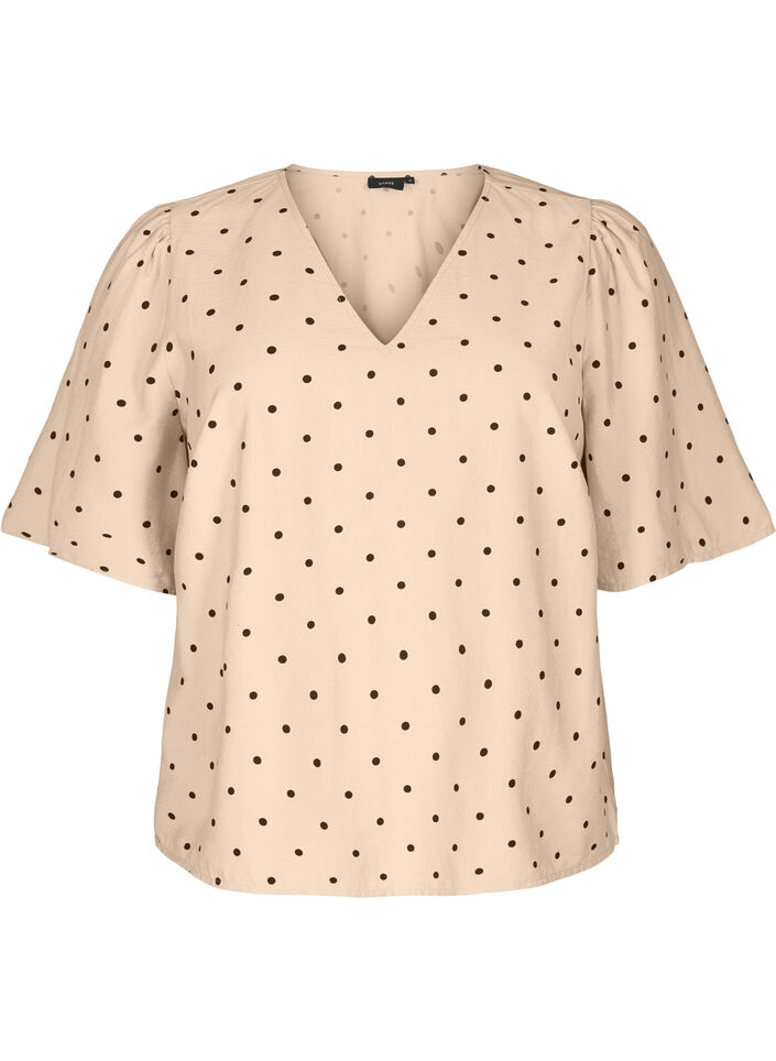 Bluse med løse ermer og v-hals, Doeskin w. dot AOP, Packshot