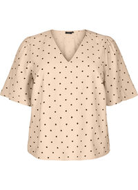 Bluse med løse ermer og v-hals, Beige Bluse med løse ermer og v-hals