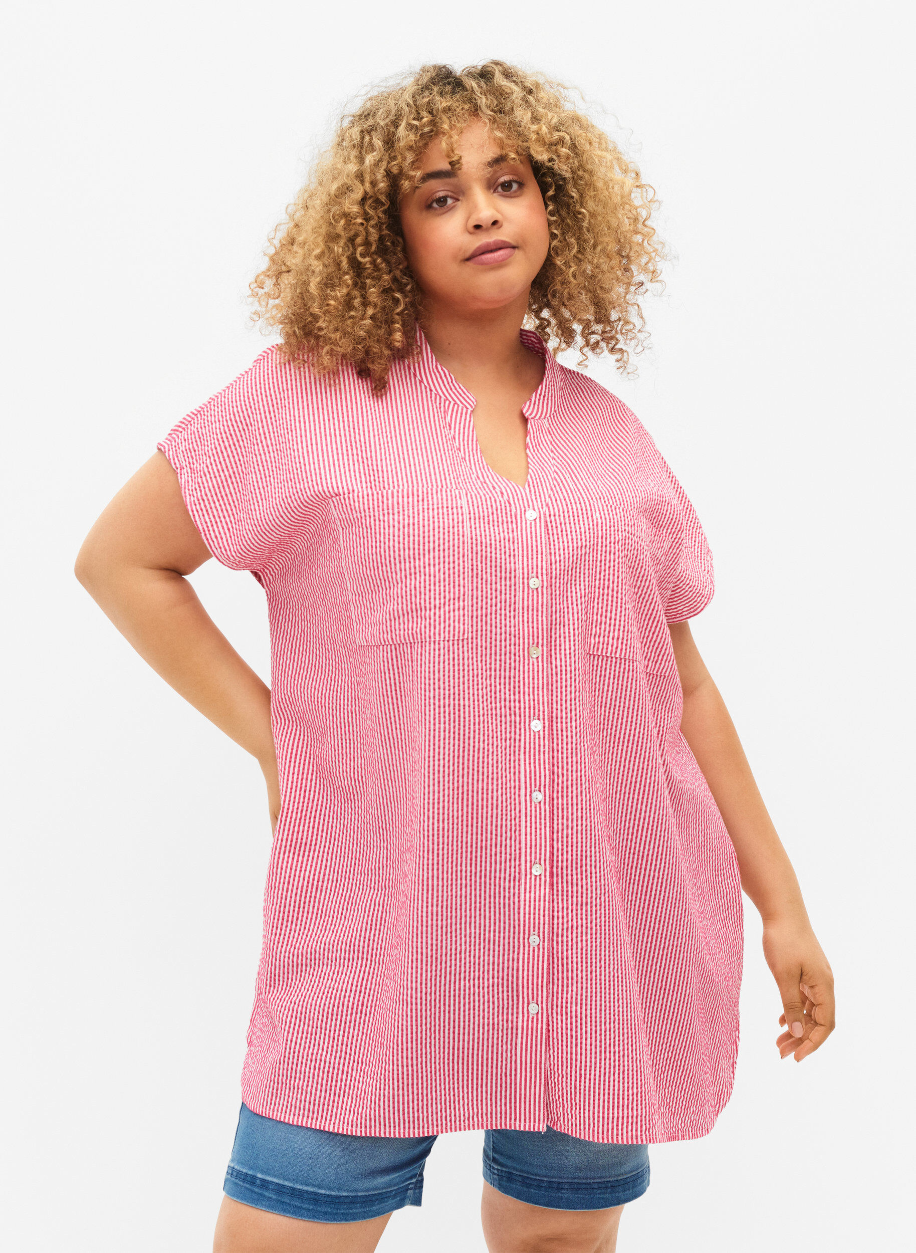 ZizziKortermet bomullskjorte med striper, Beetroot P. Stripe, Model image number 0