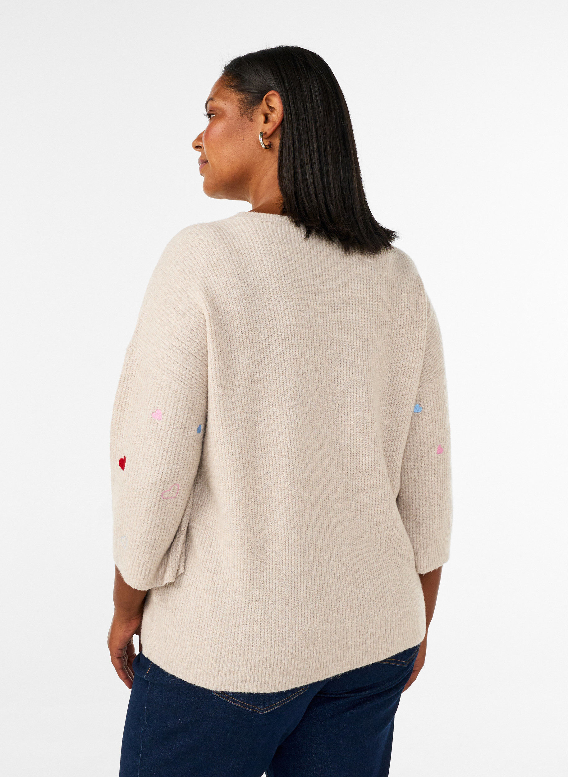 ZizziStrikket bluse med hjerter og 3/4-ermer, Beige, Model image number 2