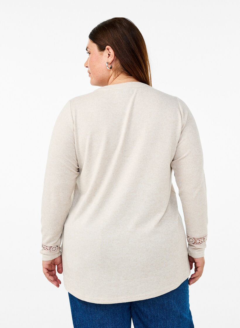 Bluse med broderidetaljer og lange ermer, Beige, Model image number 2