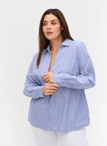 Stripete skjorte i økologisk bomull, Dazzling Blue Stripe, Model image number 0