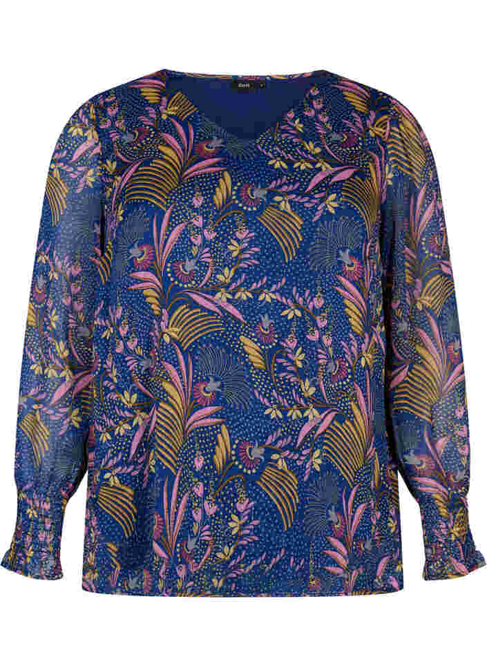 Blomstrete bluse med lange ermer og V-hals, Blue w. Pink Leaf, Packshot image number 0