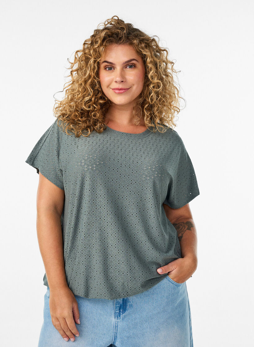 Bluse med hullbroderi og ballongeffekt, Gr&oslash;nn, Model image number 0