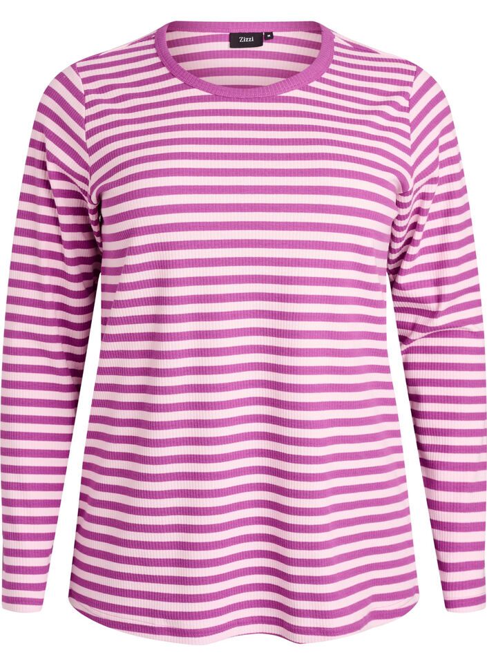 Stripete bluse med lange ermer, Lilla, Packshot image number 0