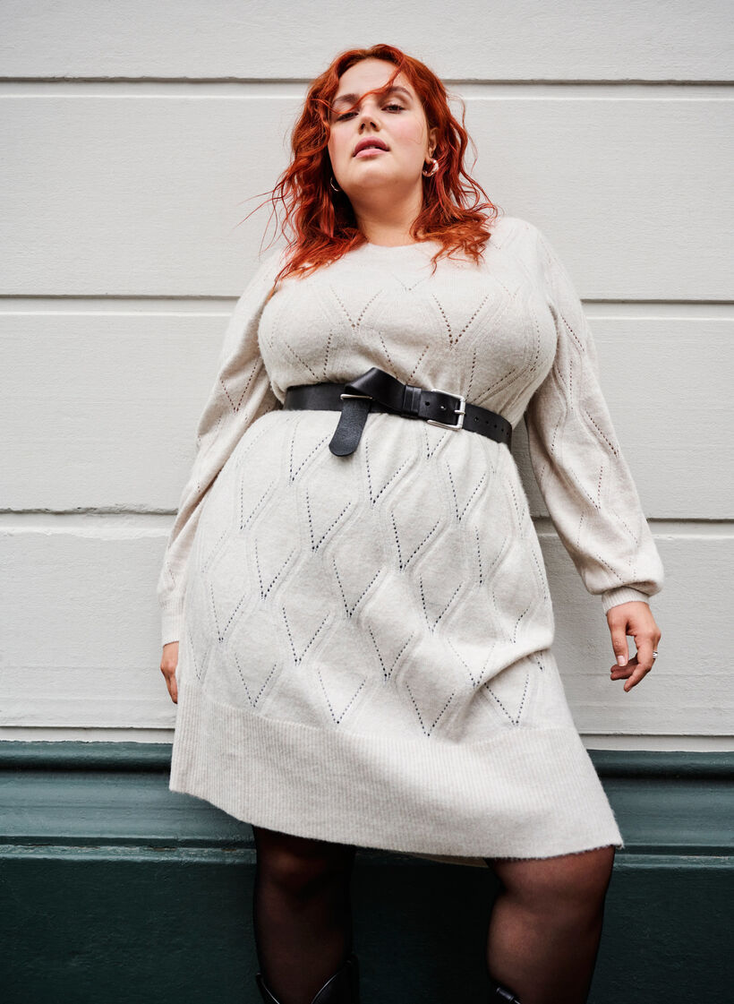 Langermet strikkekjole med hullmønster, Birch Mel., Image image number 0