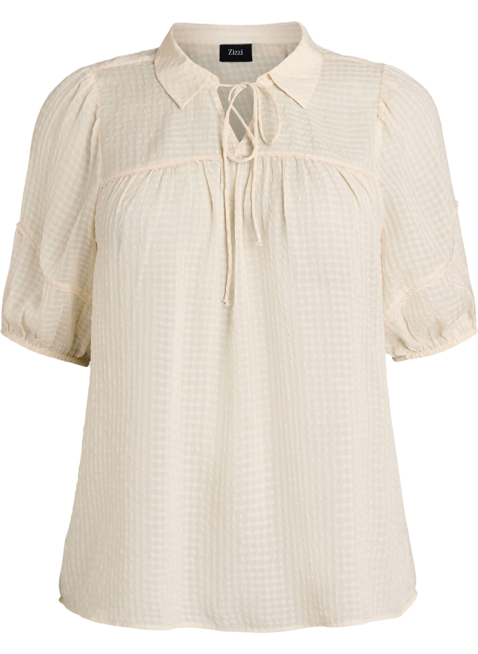 ZizziBluse i seersucker med knytesnor, Beige, Packshot image number 0