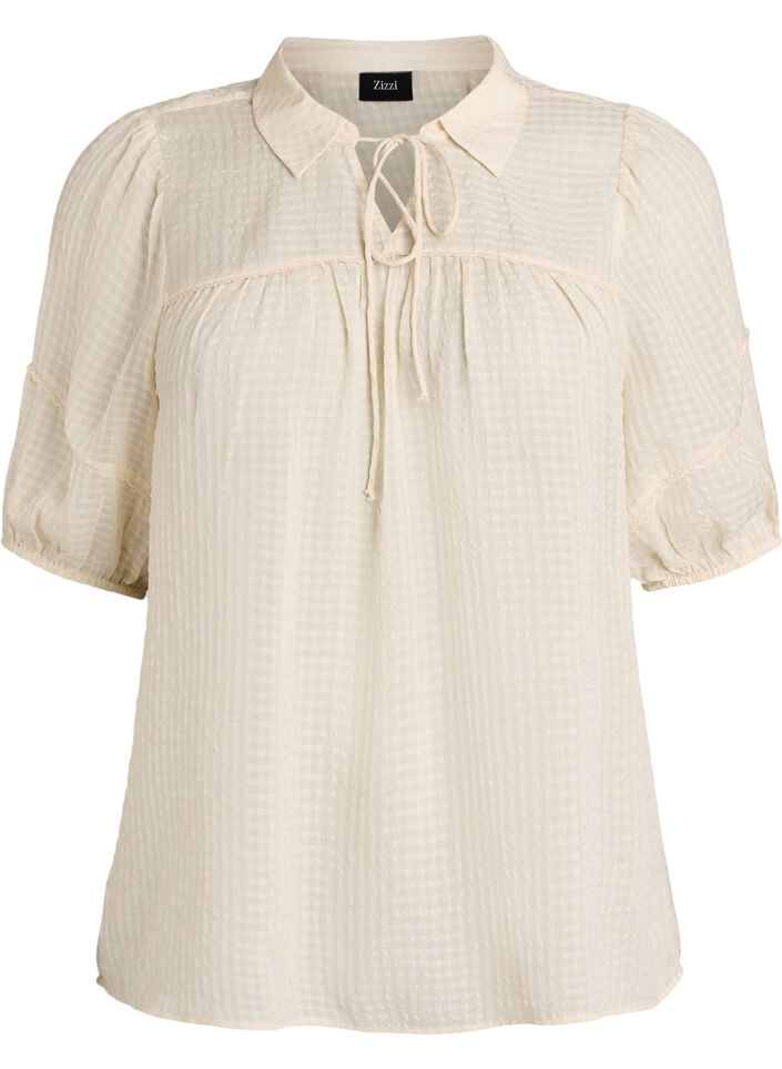 Bluse i seersucker med knytesnor, Beige, Packshot image number 0