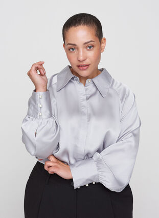 Skjorte med ballongermer og krage, Light Grey, Model image number 0