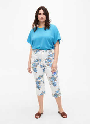Amy Capri-jeans med høy midje og blomstermønster, White B.AOP, Model image number 0