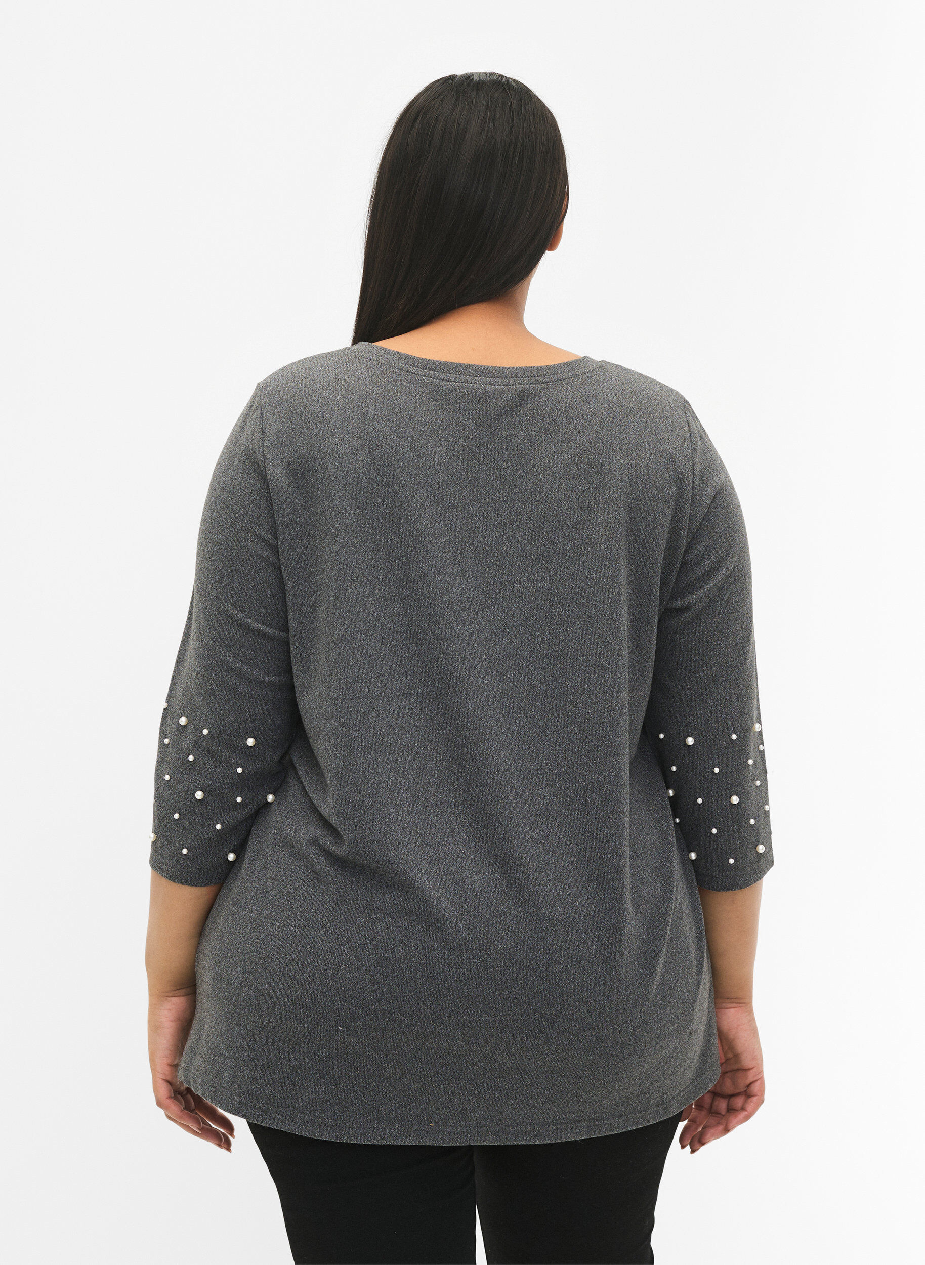 Zizzi Bluse med perler og 3/4-ermer, Dark Grey Melange, Model image number 1