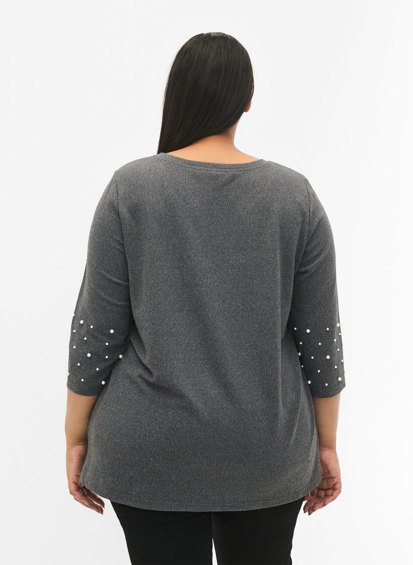 Bluse med perler og 3/4-ermer, Dark Grey Melange, Model image number 1