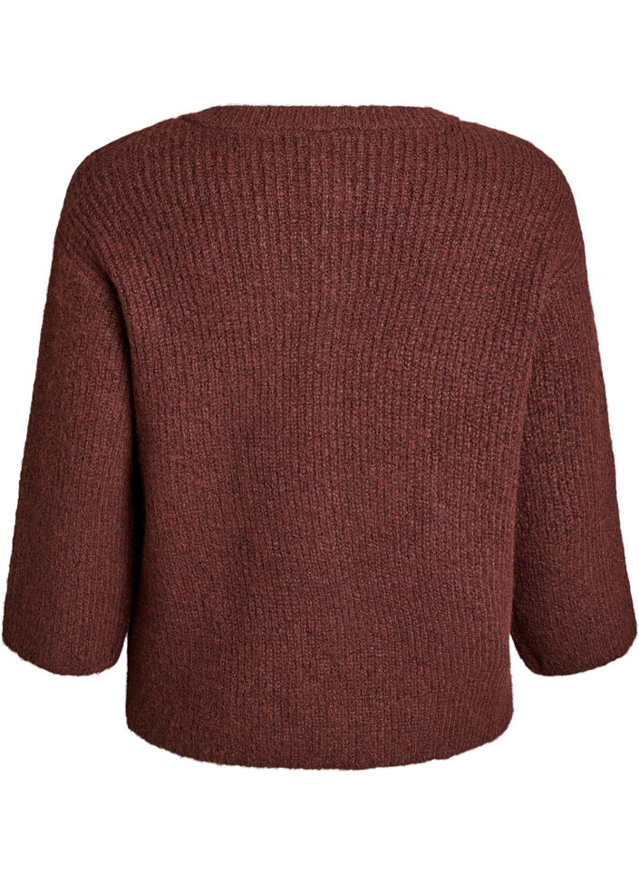 Kort cardigan med 3/4-ermer og gullfargede teksturerte knapper, Brown Stone Mel., Packshot