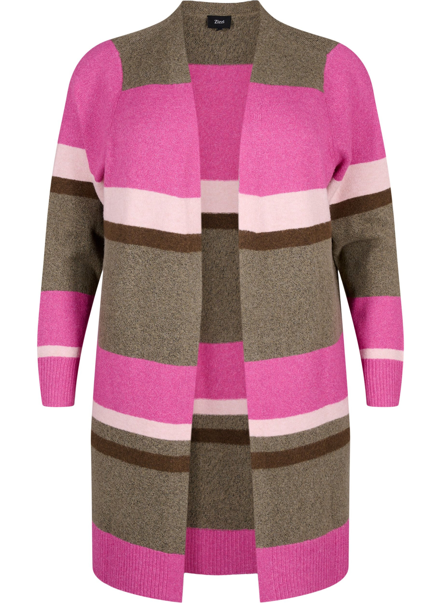 Zizzi Lang strikkecardigan med brede striper, Rosa, Packshot image number 0