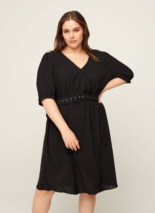 Kortermet kjole med belte, Black, Model image number 0